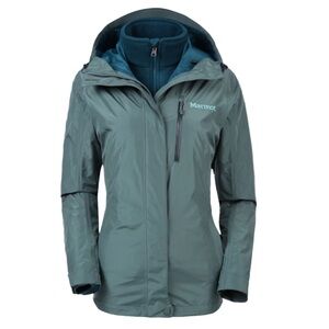 Marmot Ski Hiking Jacket Fleece Rain Hooded Green 2in1